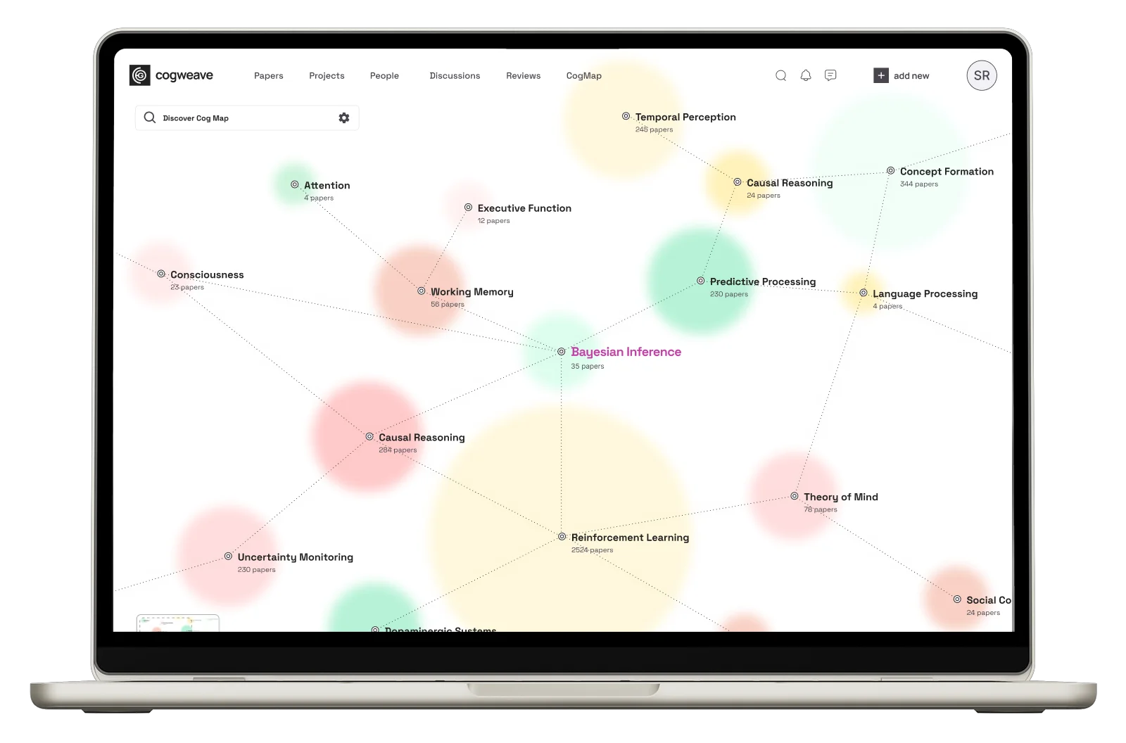 Design mock-up of a laptop displaying a feature called CogMap, which is a knowledge graph of associated academic research from across the mind sciences.